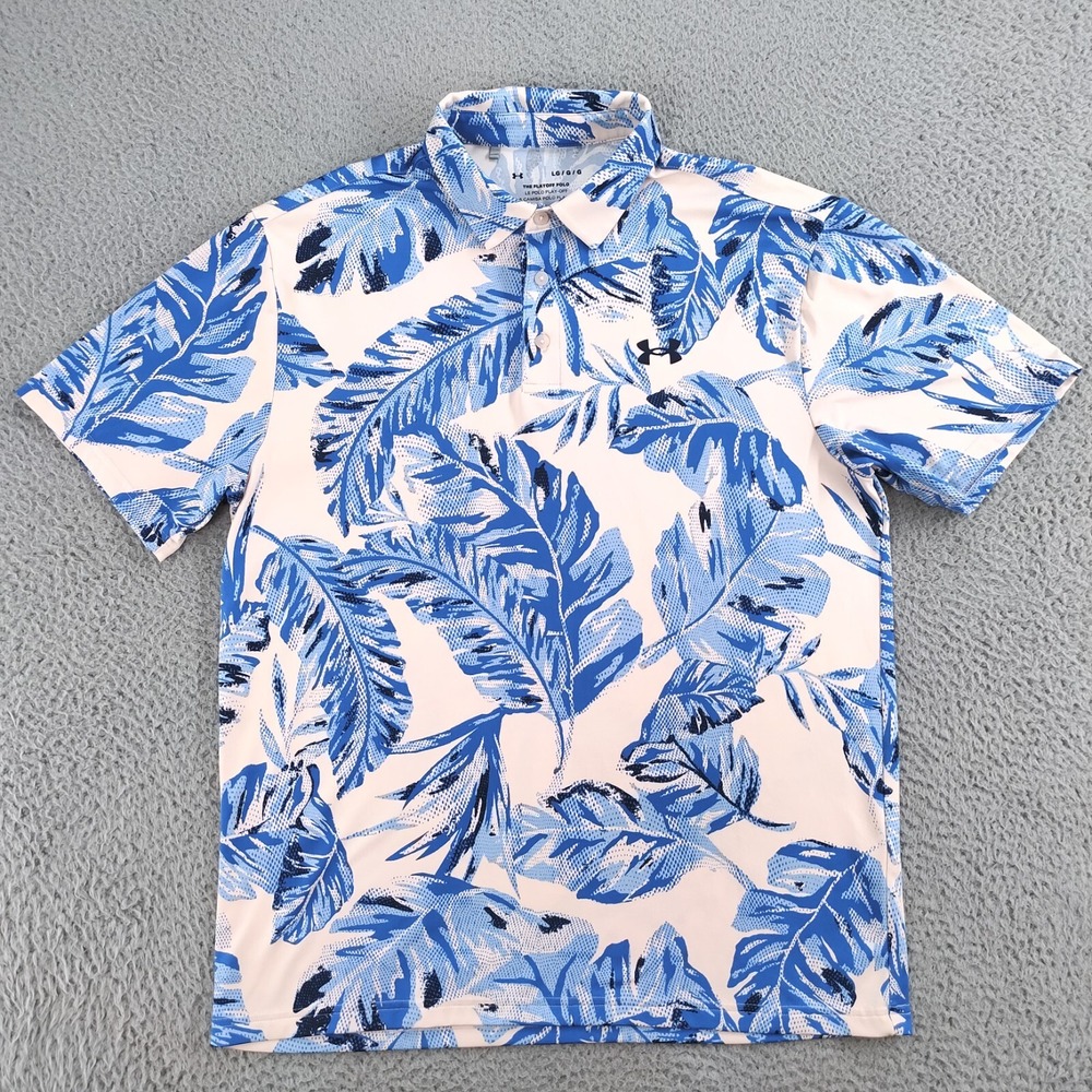 Under Armor Shirt Mens Large Pink Blue Leaf Print The Playoff Polo Hawaiian Trop